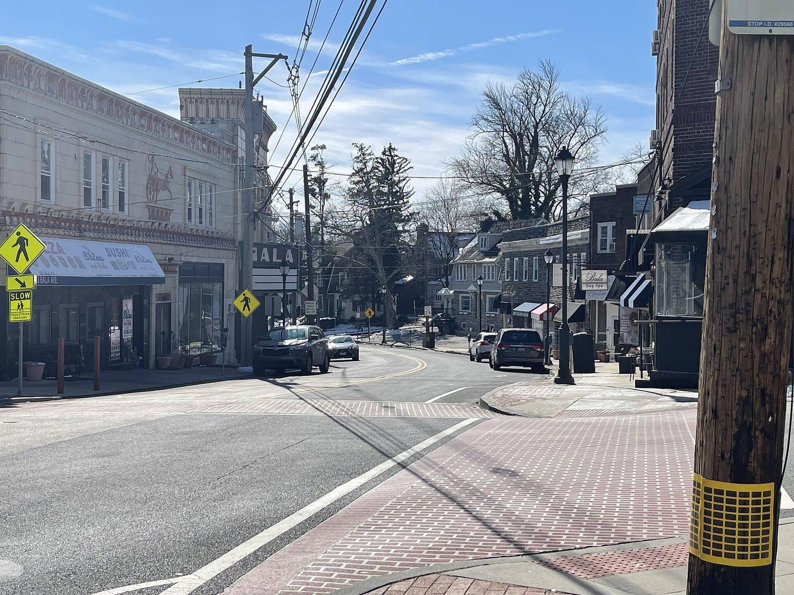 Storefronts and a brick crosswalk on a street in Bala Cynwyd