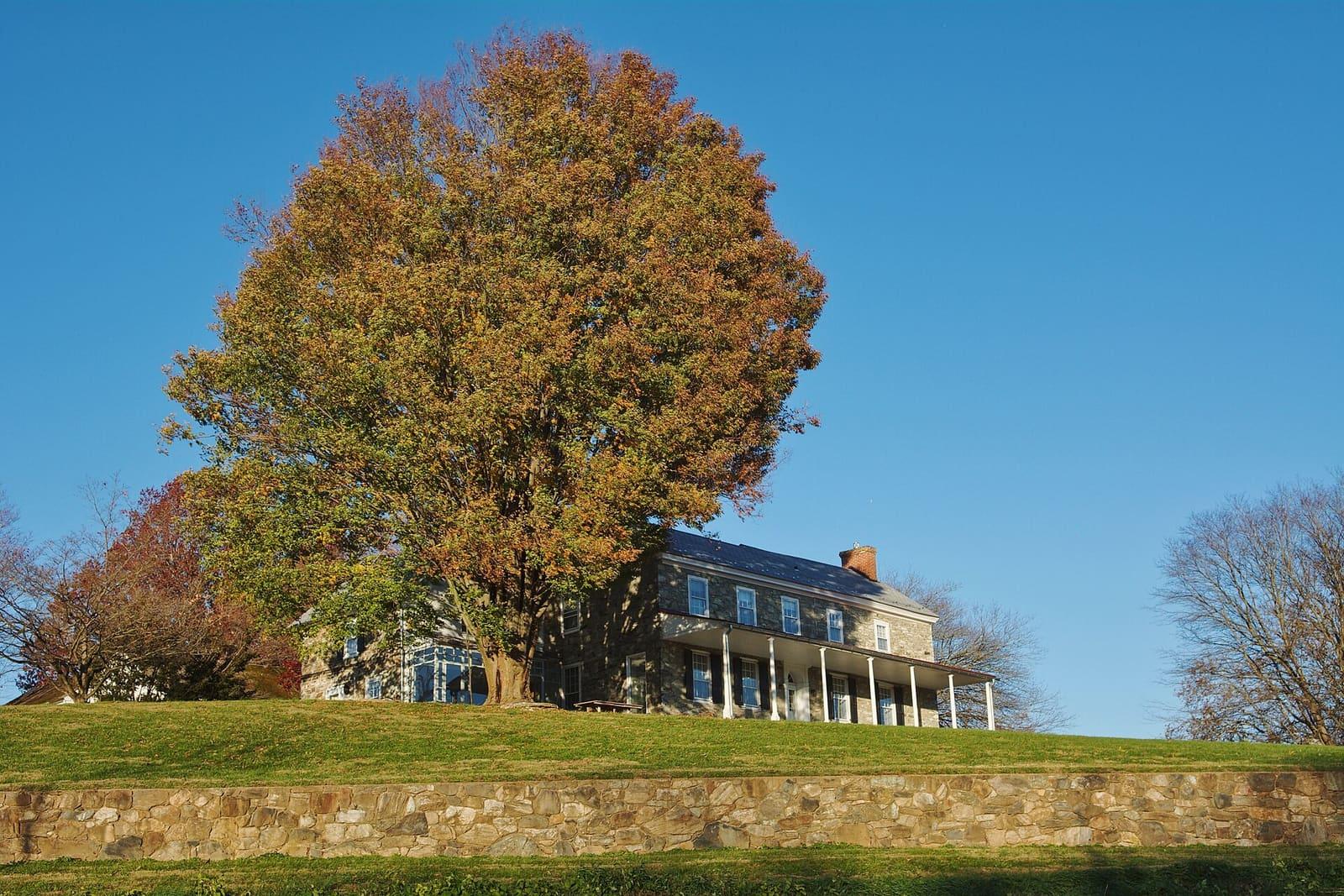 Stone farmhouse on a hill under autumn trees at Stroud Preserve, Chester County