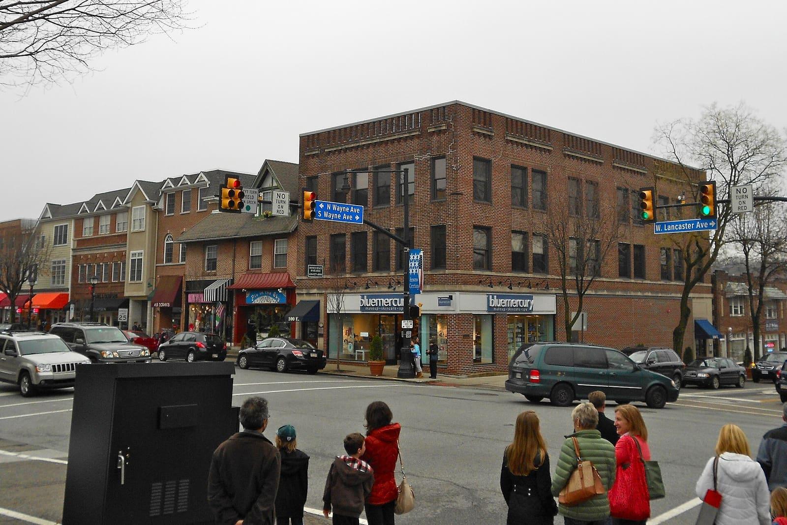Brick storefronts at Wayne Avenue and Lancaster Avenue in downtown Wayne
