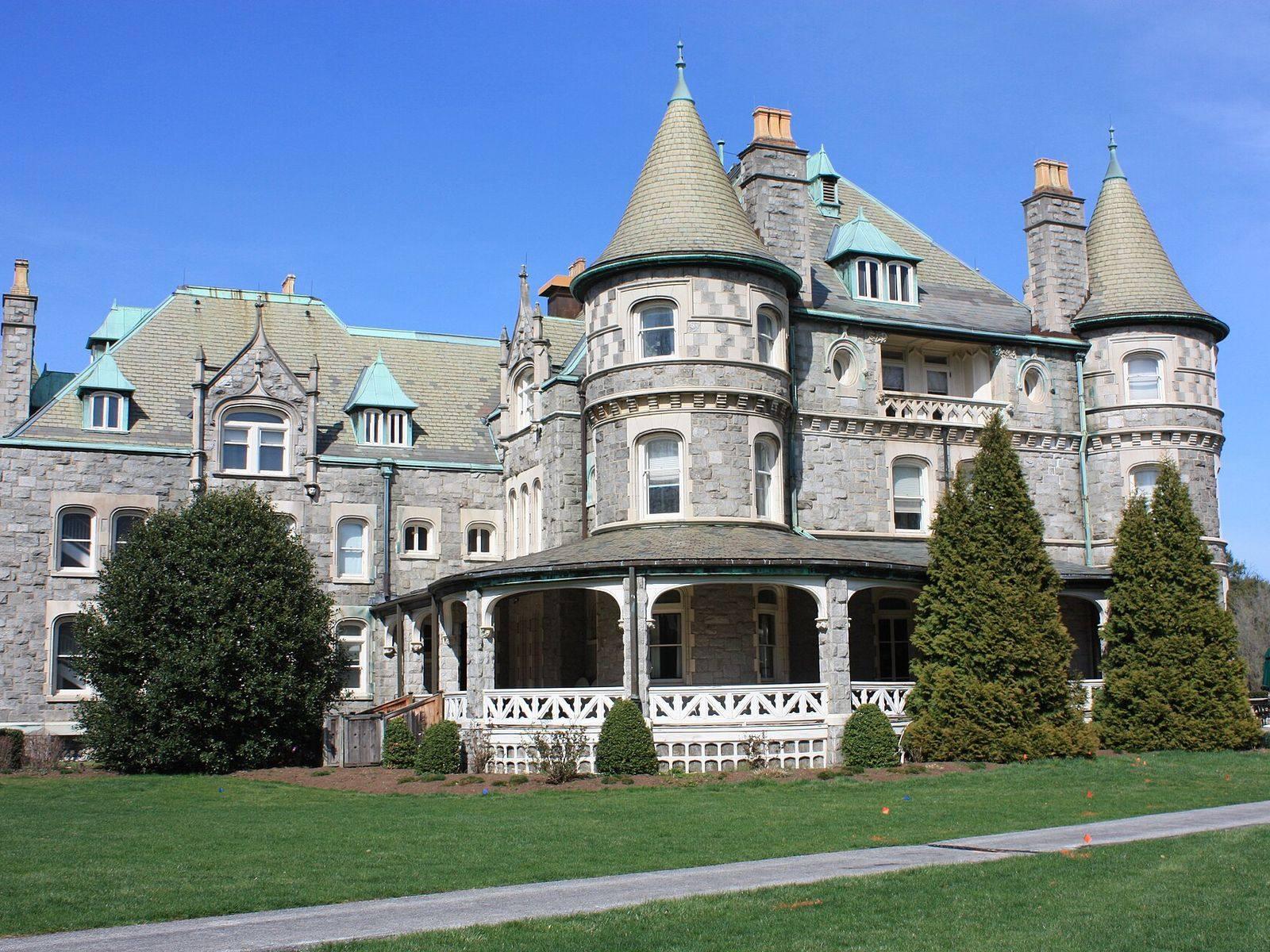 The turreted stone Main Building at Rosemont College in Rosemont
