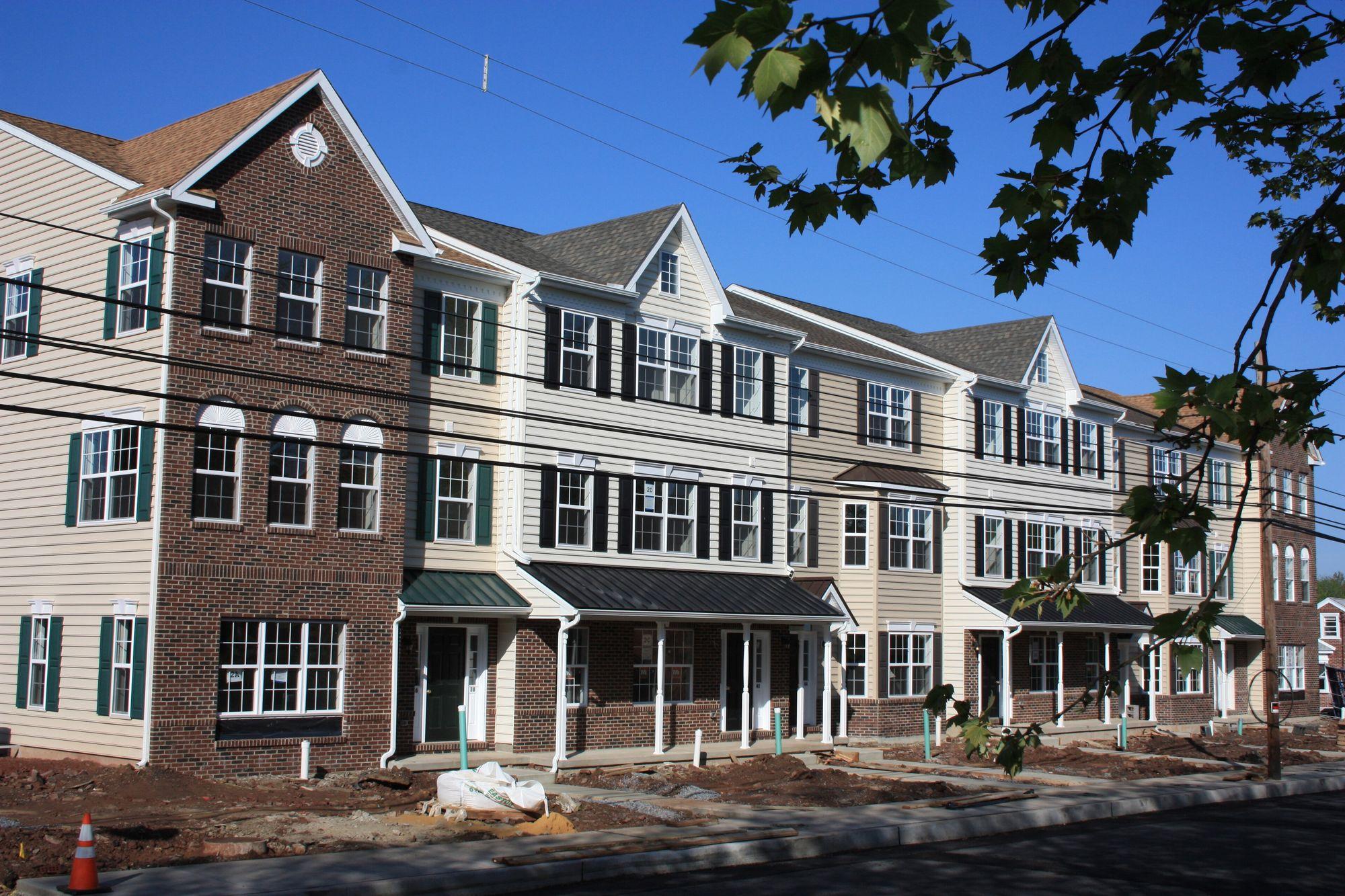 Townhouses nearing completion on a street in Souderton, Montgomery County