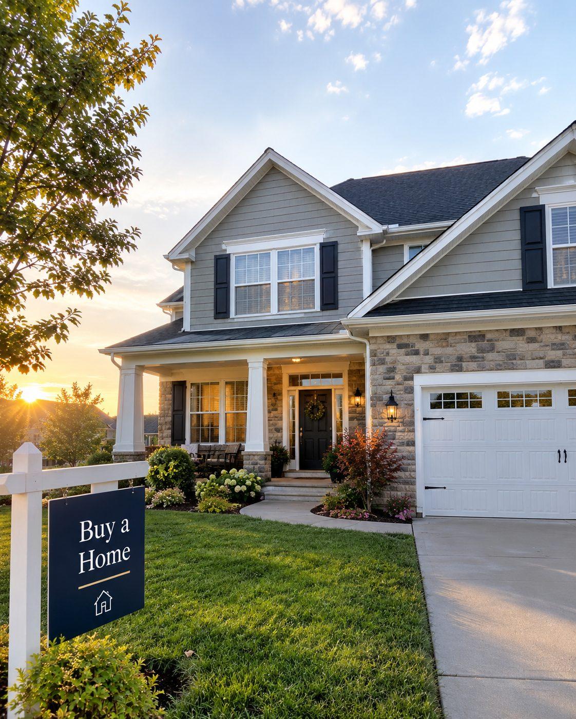 A stone and siding two-story house at sunset, with a yard sign reading Buy a Home