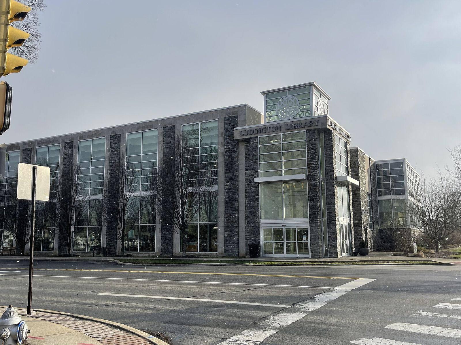The stone and glass Ludington Library on Lancaster Avenue in Bryn Mawr