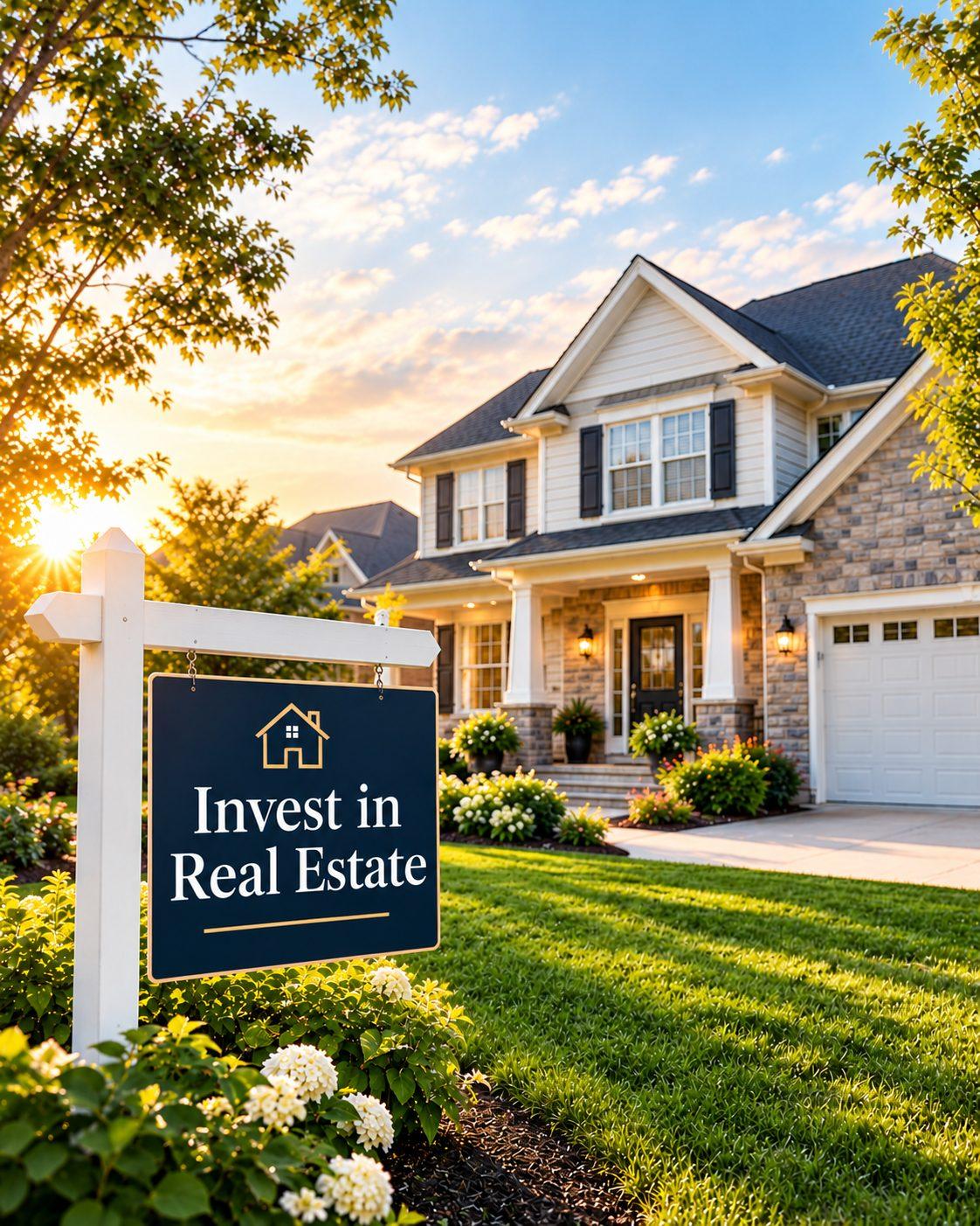A stone and siding two-story house at sunset, with a yard sign reading Invest in Real Estate