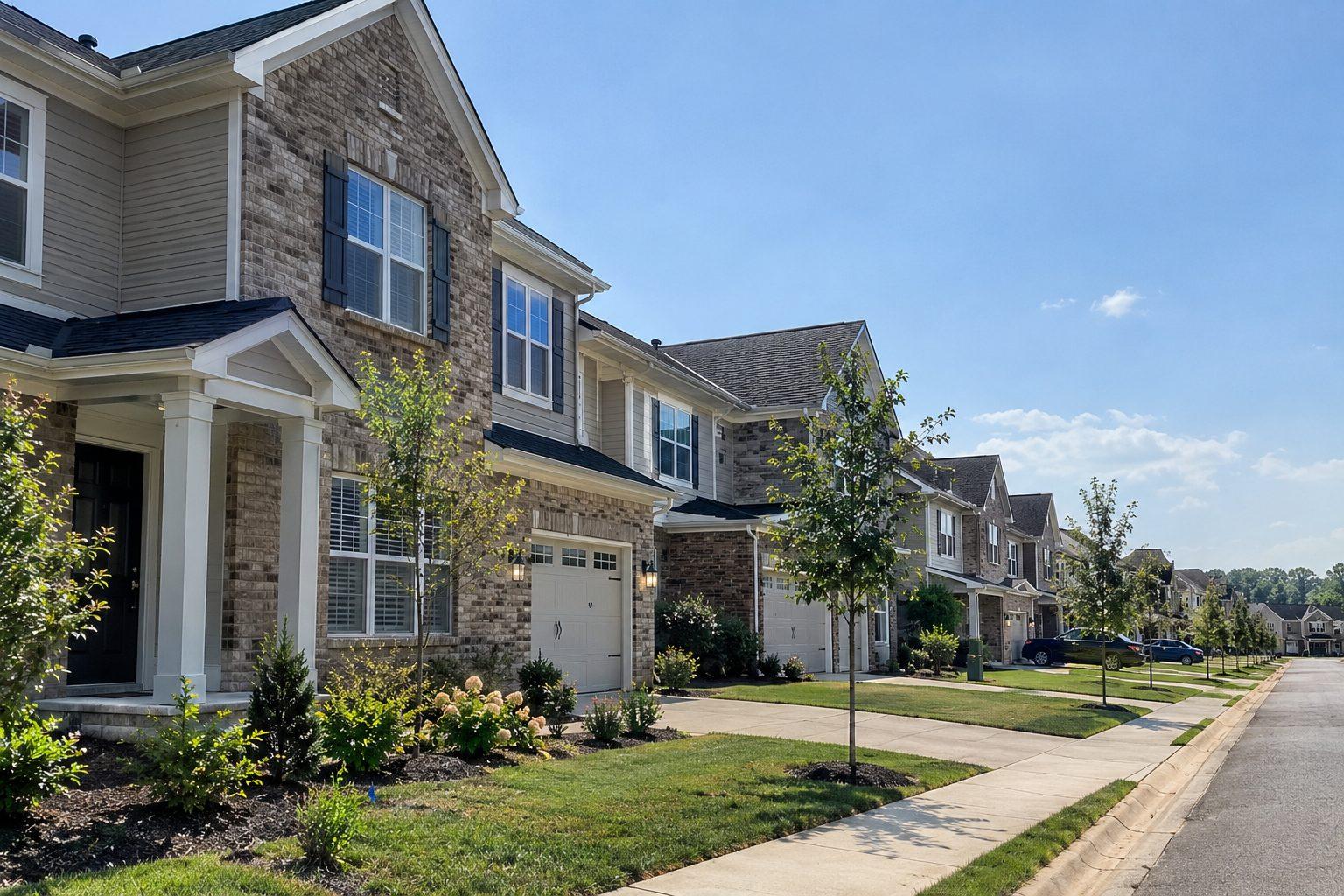 A row of newly built stone and siding homes along a sidewalk with young street trees
