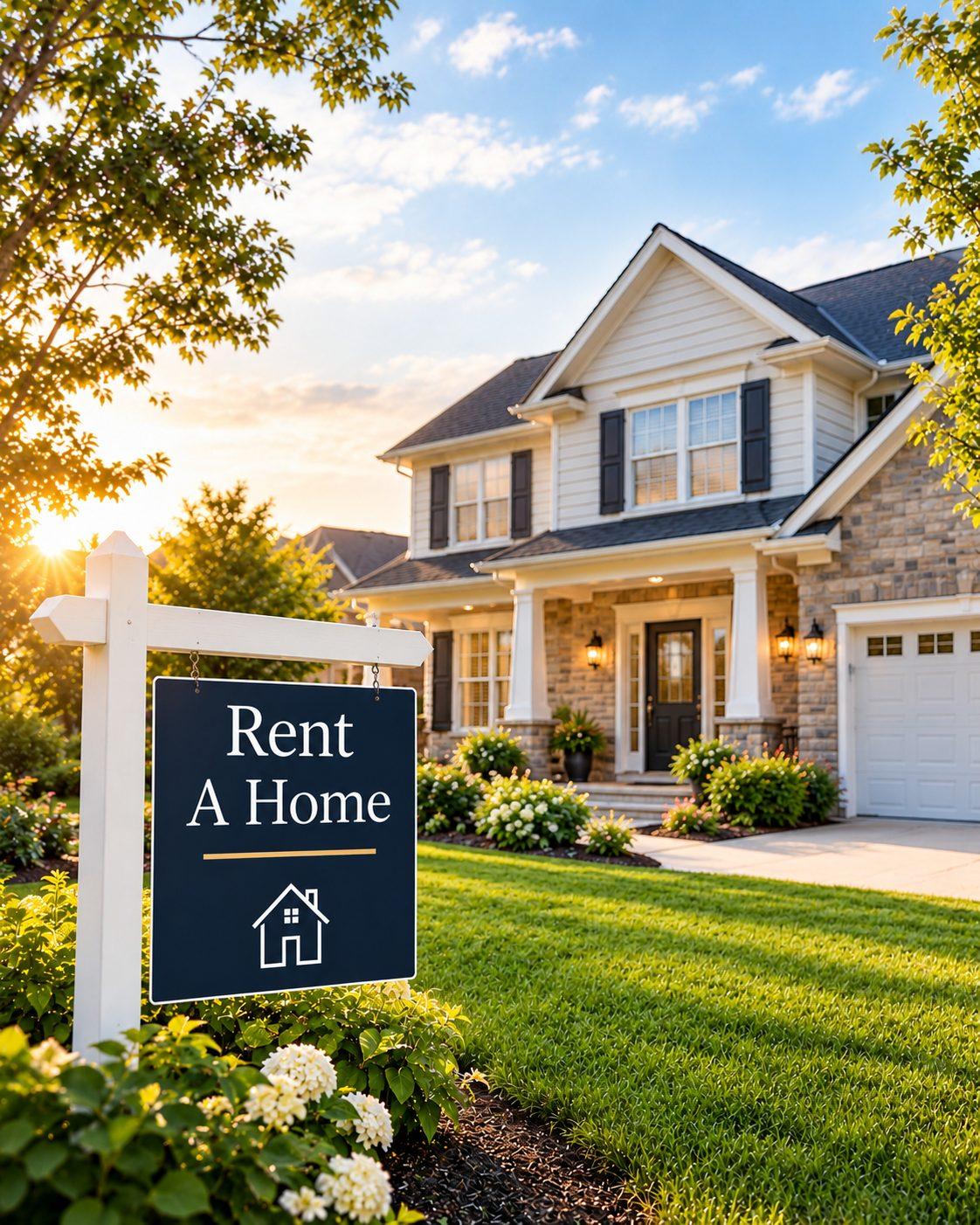 A stone and siding two-story house at sunset, with a yard sign reading Rent A Home