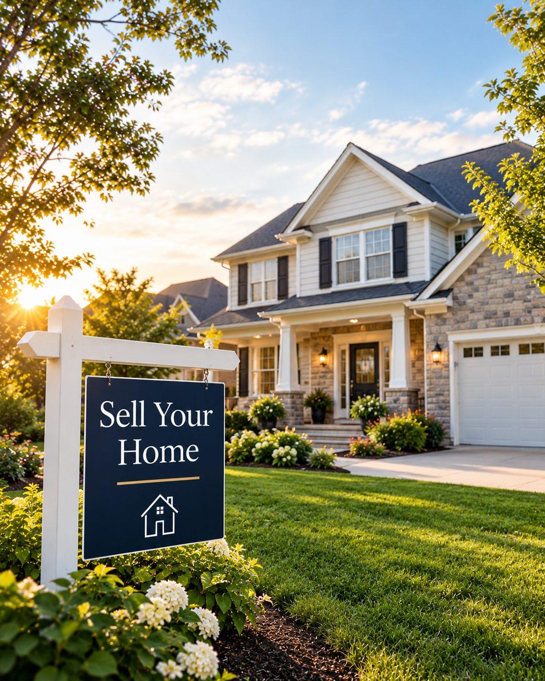 A stone and siding two-story house at sunset, with a yard sign reading Sell Your Home